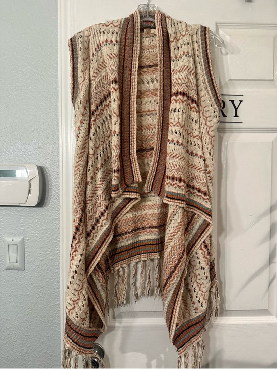 lovestitch Jackets & Blazers - lovestitch Cream Knit Fringe Vest with Brown and Rust Stripes